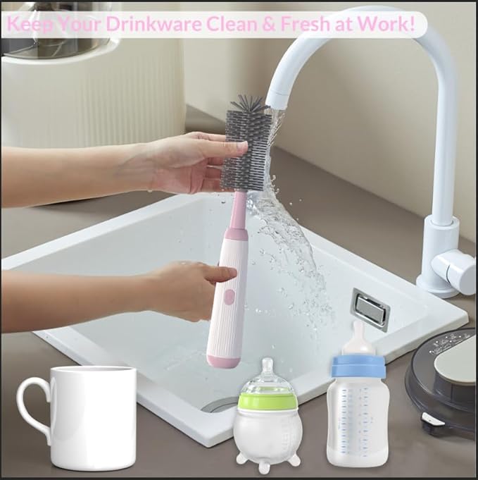Electric Baby Bottle Brush Cleaner with Extended Handle & Drying Holder, Baby Bottle Brush Set with Silicone Bottle/Nipple/Crevice/Brush,Straw Cleaner,Lifesaver Automatic Bottle Cleaner,Pink