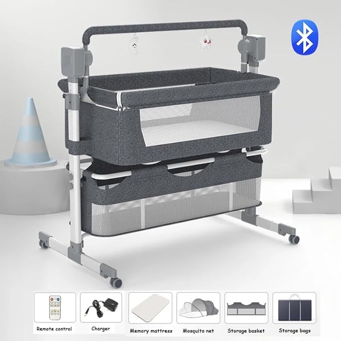 Electric Bluetooth Smart Next to Me Crib, Bassinet Cradle with Lullaby Music, Baby Bedside Crib for Newborn, Baby Co-Sleeper Cot with Mattress, Remote and 5 Swaying Gears (MG601-Grey)