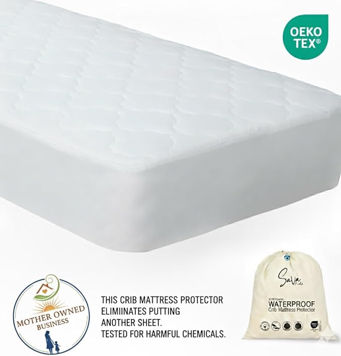 SavaKids 100% Natural Cotton Waterproof Crib Mattress Protector Sheet - Breathable, Fitted Pad for Babies & Toddlers, Ultra Soft & Noiseless (White)