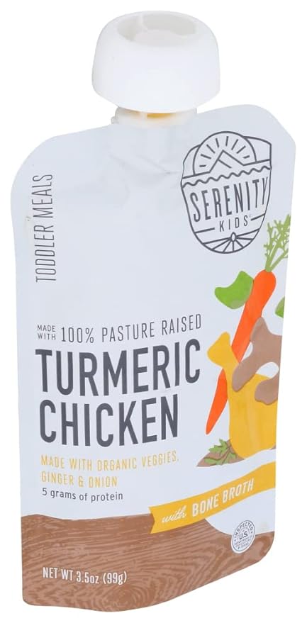 Serenity Kids Bone Broth Puree Made With Organic Veggies | Clean Label Project Purity Award Certified | 3.5 Ounce BPA-Free Pouch | Pasture Raised Turmeric Chicken | 1 Count (Pack of 2)