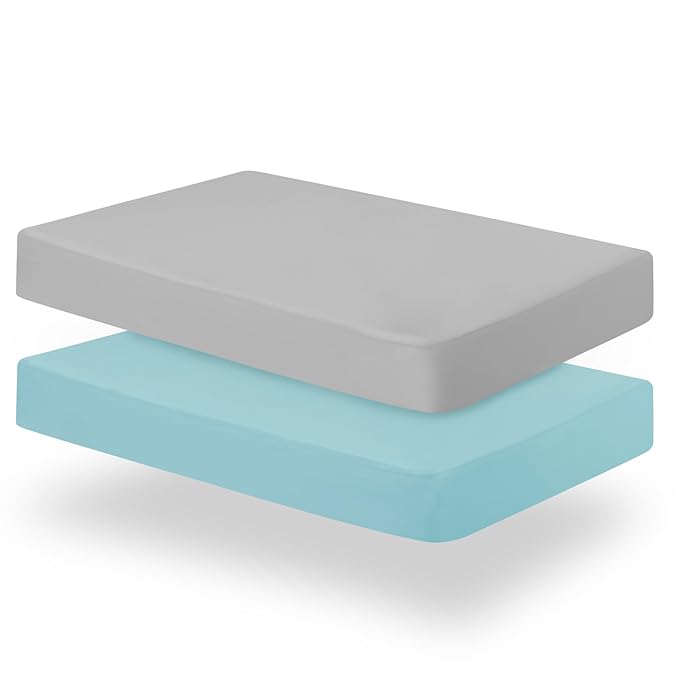 Biloban Pack and Play Sheets Fitted, 2 Pack Pack and Play Sheet Fits for Graco Pack n Play Mattress, Neutral Playard Sheets for Baby Boys and Girl, Grey & Aqua, 38”X 26”