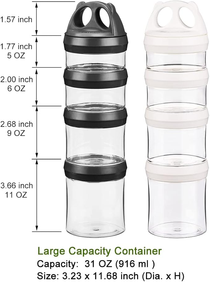 SELEWARE Portable Stackable Food Storage Containers for Snacks Formula Powder and Drinks Twist Lock System Airtight Leak-proof BPA and Phthalate Free Black and White