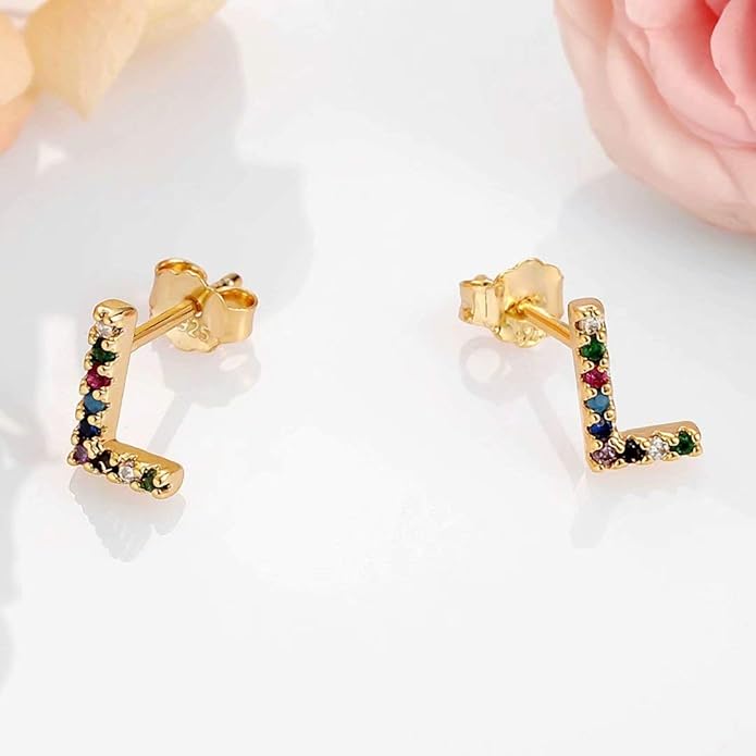 Memorjew Initial Stud Earrings for Women, Hypoallergenic 925 Sterling Silver Post Rainbow Cubic Zirconia Gold Plated 26 Initial Earrings for Women Jewelry Gifts