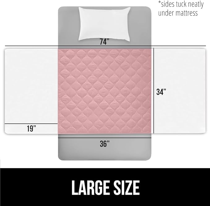 GORILLA GRIP Washable Toddler Mattress Incontinence Pads, Waterproof Bed Underpads, Absorbent Leak Proof, 34x36+19in Wings, 2 Pack Slip Resistant Pad Absorbs 8 Cups for Bedwetting Adults Kids, Pink