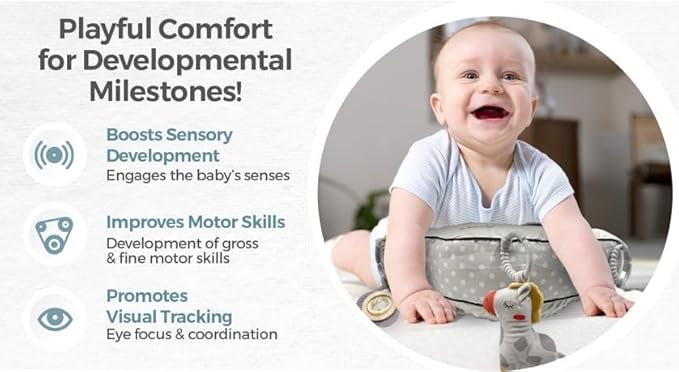 Tummy Time Pillow with 3 Detachable Sensory Toys - Infant Head Support & Neck Strengthening Mat - Soft & Breathable Baby Gym Play Pillow - Machine Washable (Safari Animals)