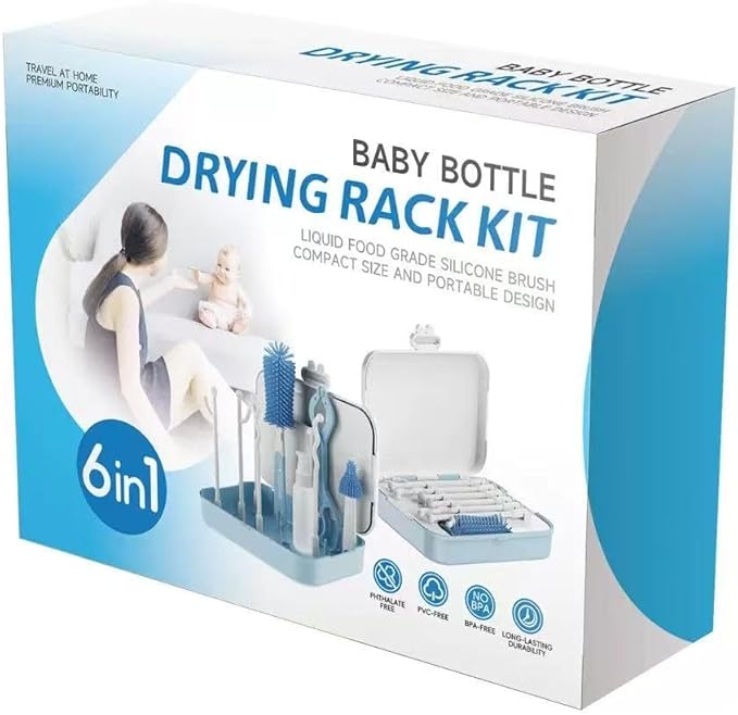 6-in-1 Baby Bottle Cleaner Set, Including Nylon & Silicone Bottle Brush, Cap, Straw & Nipple Brushes, BPA-Free (Blue