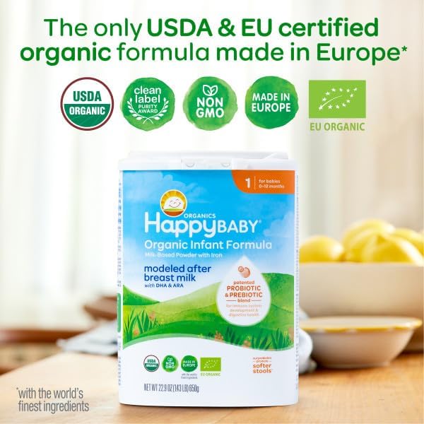 Happy Baby Organics Stage 1 Infant Formula, 0 12 Months, Milk Based Organic Baby Formula Powder with Iron, Probiotics & Prebiotics for Immune & Digestive Support, 22.9 Ounce (Pack of 4)