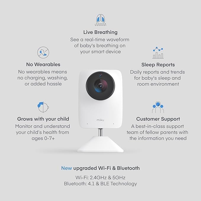 Miku Pro Upgraded Smart Baby Monitor with Camera, Wall Mount and Floor Stand, Real-Time Breathing and Sleep Tracking, Contact-Free Alerts, Sleep Analytics for Infants, Requires Paid Membership