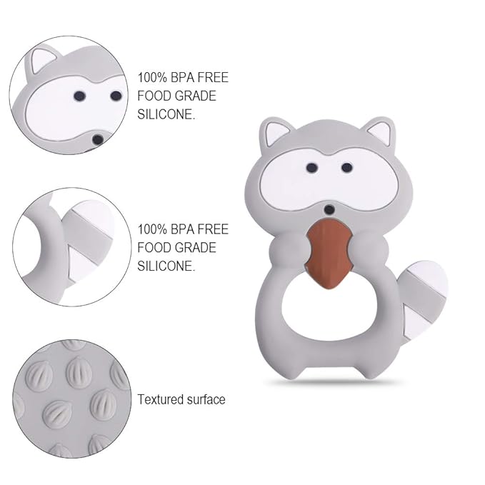 Baby Silicone Teether,Sensory Chew Toys,BPA Free Soft and Effective Infant Teething Pain Relief Toys,Freezer Safe,Food Grade Silicone,Best Shower Gift for Boys and Girls (Raccoon)