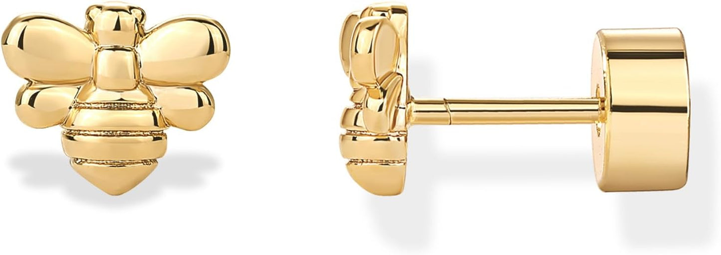 PAVOI 14K Gold Plated Dainty Flat Back Earrings for Women - Hypoallergenic Sterling Silver Posts Helix Cartilage Piercing Jewelry - Emoji Motif Bow Celestial Flatback Gold Stud Earrings Screw Back