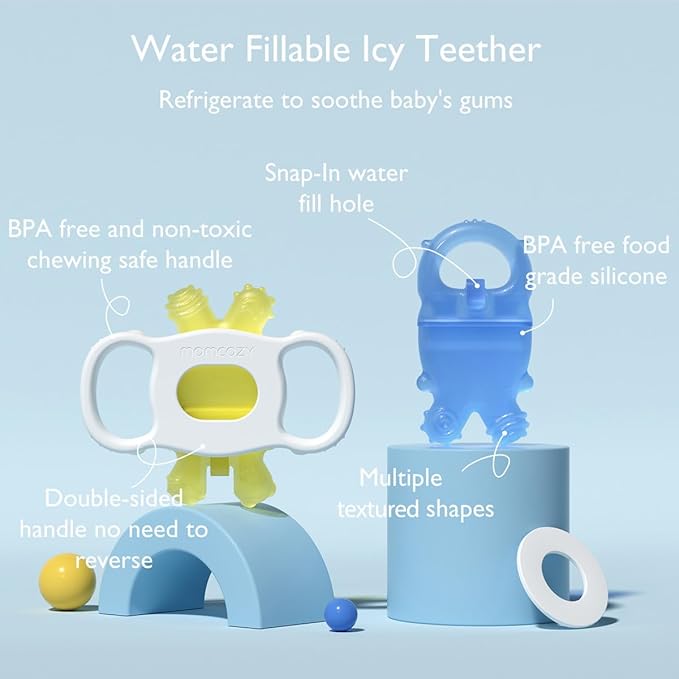 Momcozy Baby Teether Toys, Water Fillable Silicone Cold Teether, Baby Teething Toys Chill Teether, Baby Toys for Teething Relief 0-12 Months, Blue and Yellow 2 Pcs