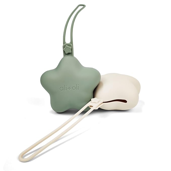Ali+Oli BPA-Free Silicone Pacifier Holder Case (2-pk) Diaper Bag Accessory Newborn Travel Baby Pacifier Pouch (Sage-Sand)