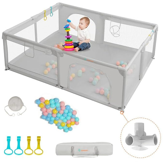 COMOMY Playpens for Babies and Toddlers, 79"x63" Baby Playard Extra Large, Safe and Non-Slip Baby Fence, Full Mesh Design, Indoor & Outdoor Kids Activity Center, Baby Play Pens (Beige)