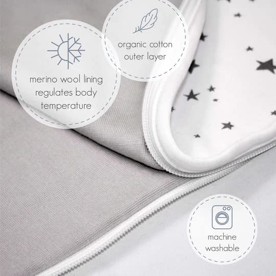 Woolino Toddler Sleeping Sack, 4 Season, Merino Wool and Organic Cotton, Baby Sleep Bag, 2-4 Years, Star Gray