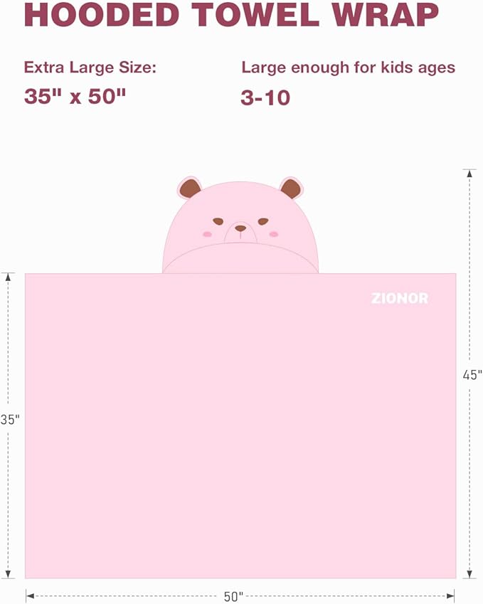 ZIONOR Hooded Bath Towel for Kids - 50''L x 35''W Extra-Large Hooded Towels for Big Kids 6-10, Kids Beach Towels Made from Bamboo Rayon, Suitable for Bath, Pool, Beach(Pink Bear)