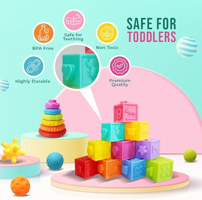 Montessori Silicone Teething Toys for Babies 6 Months + Sensory Developmental Educational Baby Toys Infants & Toddlers - Building Blocks, Stacking Rings, Sensory Balls - (24 Pieces)