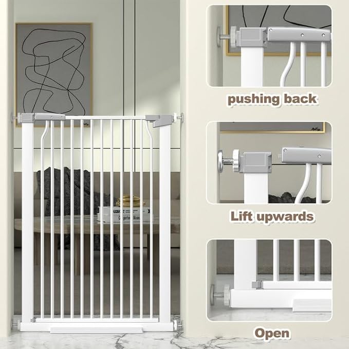 41" Extra Tall Baby Gate for Doorway, 29.6-40.5'' Metal Pet Baby Safe Gate, Extra Wide Pressure Mounted Child Door with Expansion Kit, No Drilling Cat Fence Indoor, No Climb Cat Proof Gate, White