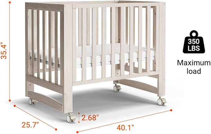 EvoNest Baby Crib, 6 in 1 Convertible Mini Crib with Wheels, 100% New Zealand Wood Growing Bed, 4 Adjustable Mattress Height, Washed Natural