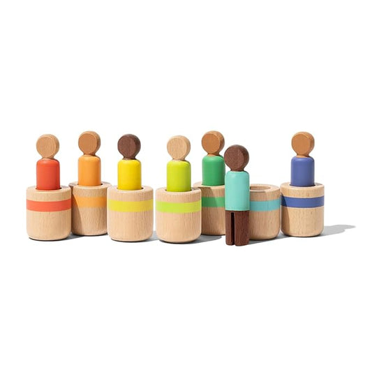 Lovevery Post & Play Peg People Baby Toy, 7 Wooden Peg Doll Practice Color Matching, Stacking, and Balancing, Ages 13 Months +