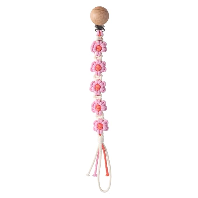 Pacifier Clips Baby Girls Floral Daisy Binky Clips Pacifier Holder Boho Wooden Clips Macrame Paci Clip Handmade Braided Cotton Pacifier Strap Pink