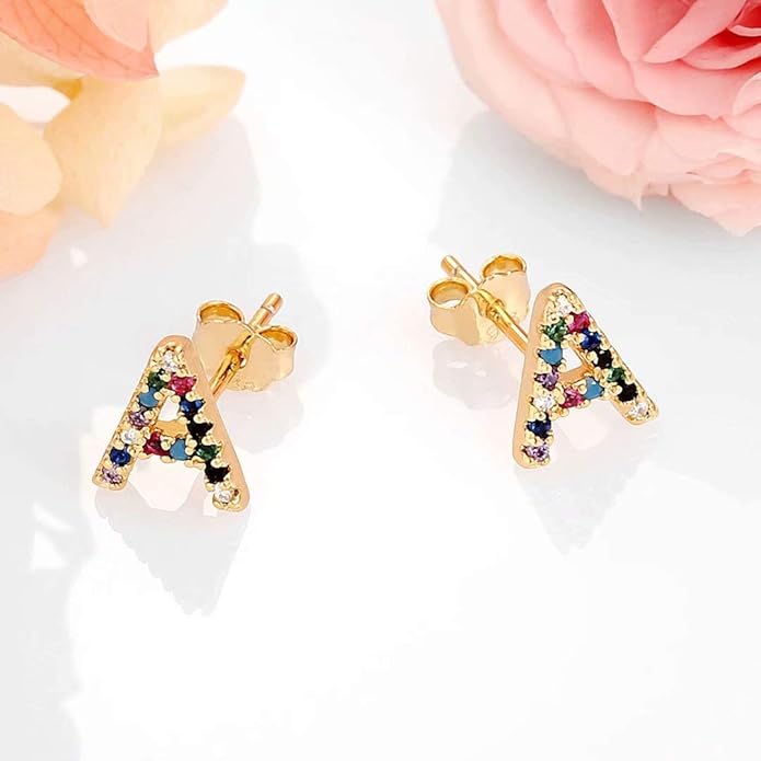 Memorjew Initial Stud Earrings for Women, Hypoallergenic 925 Sterling Silver Post Rainbow Cubic Zirconia Gold Plated 26 Initial Earrings for Women Jewelry Gifts