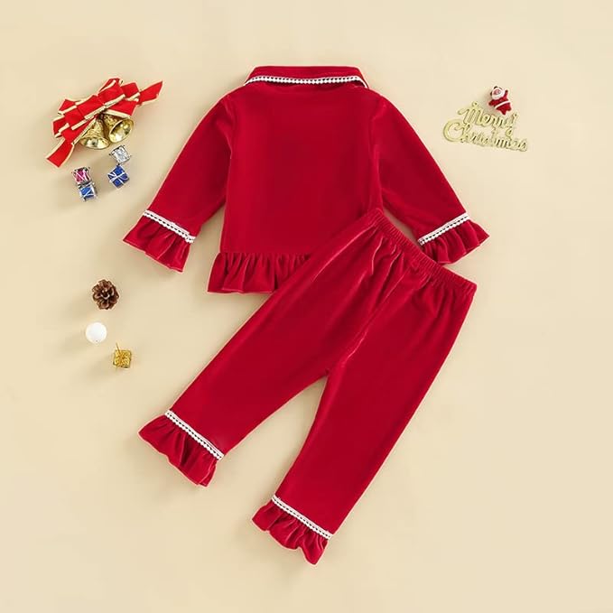 Toddler Kids Baby Girl Solid Pjs Ruffle Long Sleeve Button Shirt Top and Pants Cotton 2Piece Pajamas Set