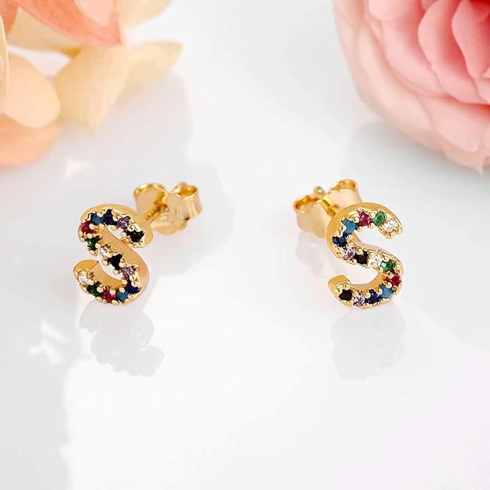 Memorjew Initial Stud Earrings for Women, Hypoallergenic 925 Sterling Silver Post Rainbow Cubic Zirconia Gold Plated 26 Initial Earrings for Women Jewelry Gifts