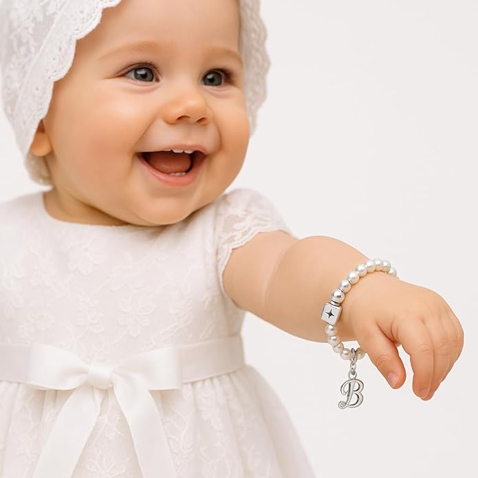 925 Sterling Silver Initial Bracelet, White Pearl Charm Bracelet with Letter Charms, Baby jewelry, Baptism Gifts for Girl or Boy, Birthday Gifts, Bracelets for Girls