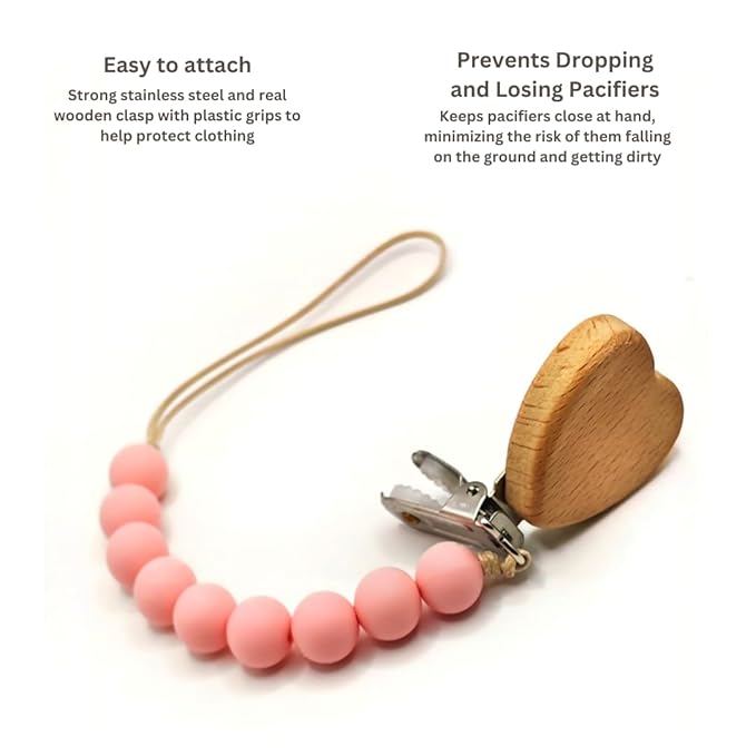 Wood Paci Clips 2 Pack for Baby Girl, Premium Flexible Bead Design, Universal Fit, Safe Pacifier Holder