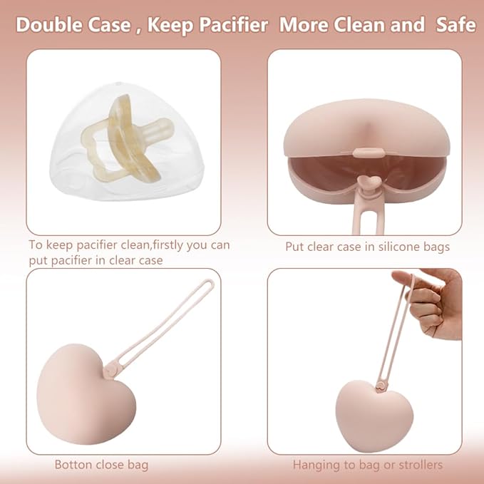4pcs Pacifier Holder Case Set, 2pcs Silicone Portable Pacifier Pouch and 2pcs Transparent Pacifier Storage Container, Cute Heart Shape Pacifier Storage Case for Newborn Baby(Pink+Khaki)