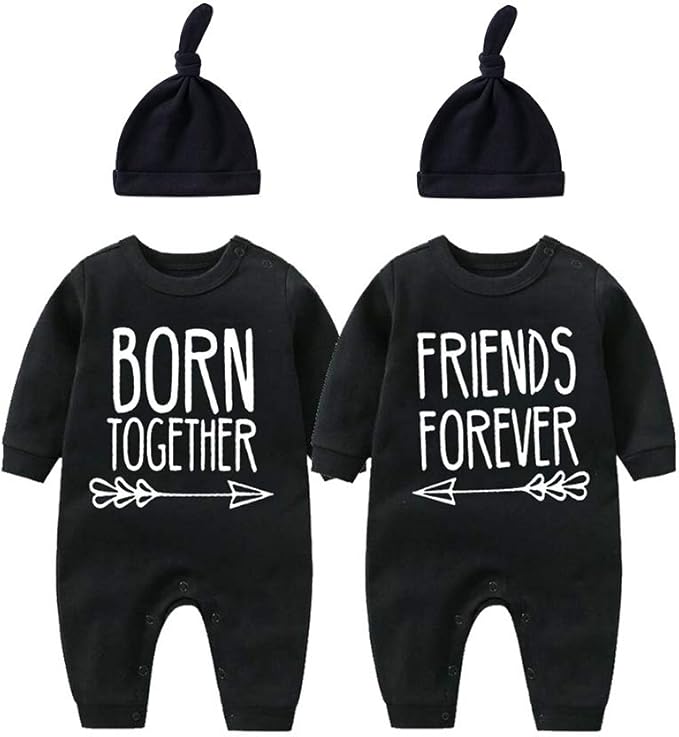 YSCULBUTOL Baby Twins Bodysuit Born Together Friends Forever Newborn Clothes Unisex Twin Outfits With Hat