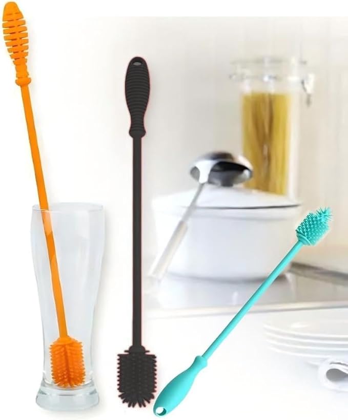 Silicone Bottle Brush Cleaner Set of 3,Long Handle Bottle Cleaning Brushes for Narrow Neck Containers, Water Bottles, Thermos, Hydro Flasks, Coffee Mugs,Baby Bottles (Orange Upgraded Version)