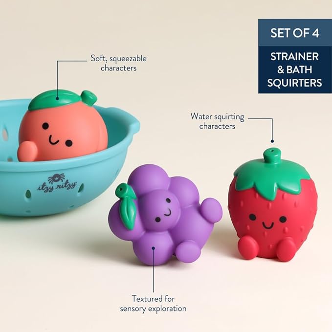Itzy Ritzy Bath Squirter Toys – Set of 3 Textured, Fruit-Shaped Bath Toys & 1 Sprinkle Strainer – Itzy Splash Pals Promote Sensory Play, Cause & Effect, & Motor Skill Development – 6 Mos & Up (Fruit)