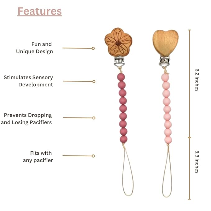 Wood Paci Clips 2 Pack for Baby Girl, Premium Flexible Bead Design, Universal Fit, Safe Pacifier Holder