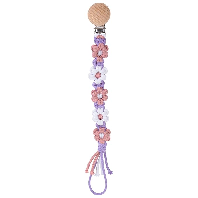 Pacifier Clip for Boys Girls Floral Daisy Macrame Baby Paci Clip Pacifier Holder Leash Boho Wooden Clips Handmade Braided Cotton Binky Clips (1pack:Lavender Style)