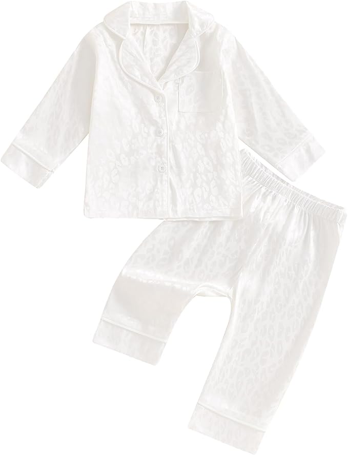 Toddler Kids Baby Girl Solid Pjs Ruffle Long Sleeve Button Shirt Top and Pants Cotton 2Piece Pajamas Set