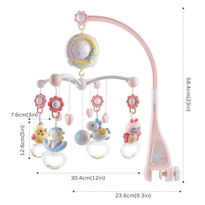 Baby Musical Crib Mobile with Timing Function Projector and Lights,Hanging Rotating Rattles and Remote Control Music Box with 150 Melodies,Toy for Newborn 0-24 Months
