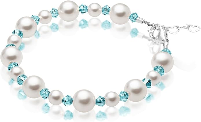 Sterling Silver Initial Charm Personalized Birthstone Bracelets for Girls, Baby Girl, Birthday Gifts for, Newborn, infant, Toddler, Teen, Pearl Bracelet, Birthstone Jewelry Crystals