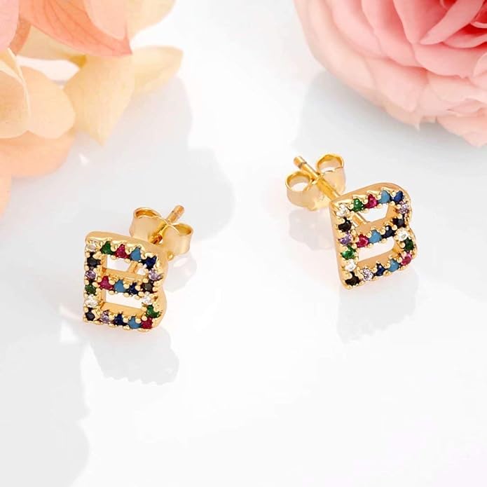 Memorjew Initial Stud Earrings for Women, Hypoallergenic 925 Sterling Silver Post Rainbow Cubic Zirconia Gold Plated 26 Initial Earrings for Women Jewelry Gifts