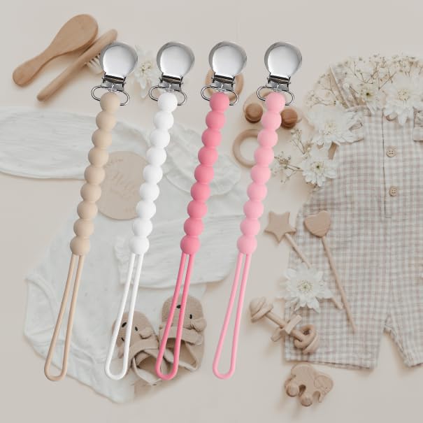 Pacifier Clip for Boys Girls - MORIBOX 4 Pack Paci Clip Soothie Baby Binky Holder for Shower Gift Birthday (Beige+White+Pink+Dpink)