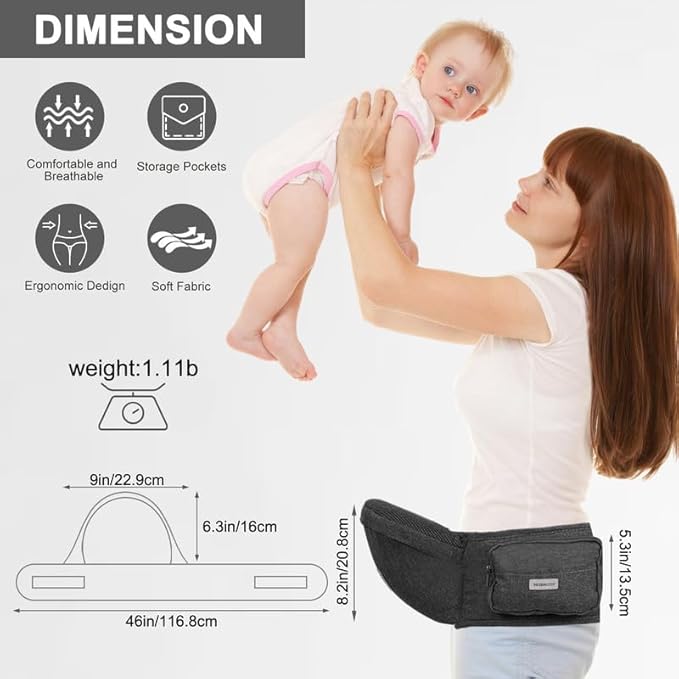 Baby Hip Carrier, Hip Seat Baby Carrierwith Adjustable Waistband, Ergonomic No-Slipped Seat, Breathable Materials for Newborns to Toddlers(Black