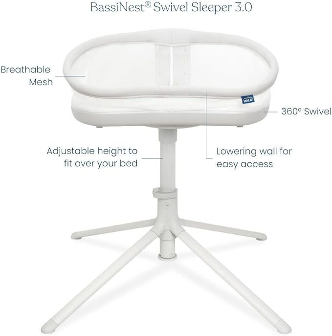 HALO BassiNest Swivel Sleeper 3.0 – Over-Bed Baby Bassinet with 360 Rotation, Adjustable Height, Breathable Mesh, Safe Close Sleeping, Lowering Wall for Easy Access, Feeding & C-Section Recovery