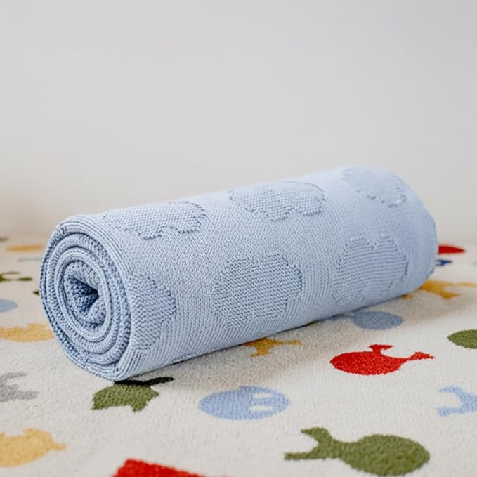 Baby Knit Blanket Cloud Pattern – 100% Cotton Soft Lightweight Receiving Blanket for Newborn Infant Toddler Boy Girl, Warm Cozy Nursery Crib Blanket, Stroller Cover