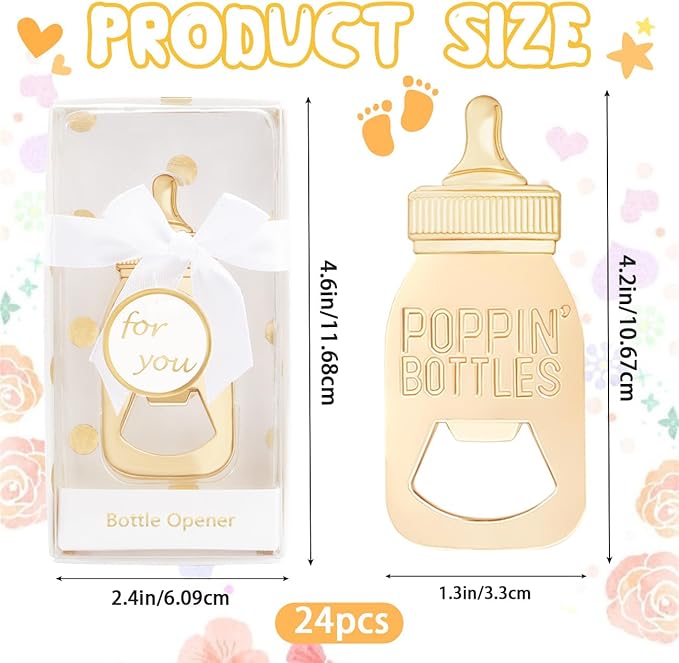 24PCS Golden Baby Bottle Openers for Baby Shower Favors Gifts, Baby Shower Decorations Souvenirs, Poppin Bottles Openers with Exquisite Gifts Box used for Guests Gender Reveal Party (24, white)