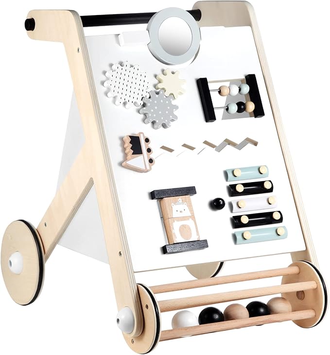 Beright Wooden Baby Walker with Roller, Push and Pull Learning Activity Walker, Multi-Functional Kidsโ Activity Toy, Multiple Activities Center, Develops Motor Skills & Stimulates Creativity, Natural