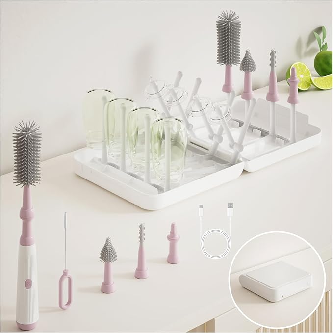 Powerful Electric Baby Bottle Brush Cleaner Set,Complete with Silicone Bottle/Nipple/Gap/Straw Brushes,Plus a Dispenser and Foldable Drying Rack,Effort Electric Cleaning Brush,Portable Travel Set