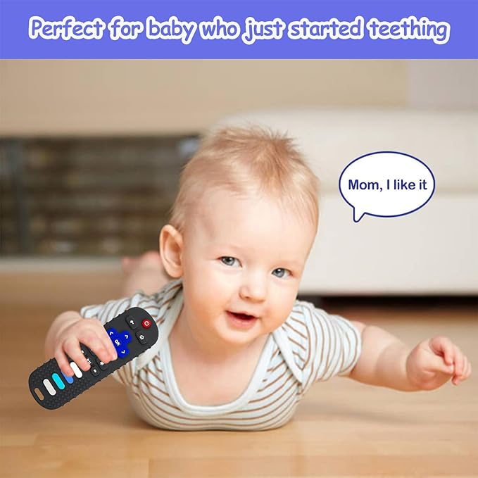 Baby Teething Toys, Food Grade Silicone Teether for Babies 3 6 12 18 Months, TV Remote Shape Toddlers Chew Toys, Freezer BPA Free (Black+Blue)