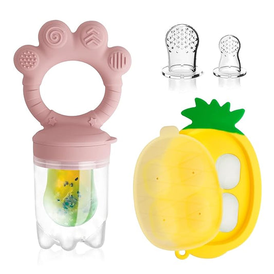 Baby Fruit Food Feeder - Silicone Nibble Tray Combo - Breastmilk Popsicle Mold for Cooling Relief, BPA Free Mesh Feeder for Infant Self Feeding (Claw Pink + Pineapple)