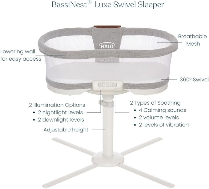 HALO BassiNest Luxe Swivel Sleeper - Over-Bed Baby Bassinet with 360° Rotation, Vibrations, White Noise, and Safe Close-Sleeping Design, Dove Grey Tweed