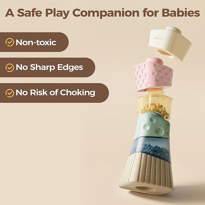 evoceler Stacking Toys for Toddlers 1-3,9° Stacking Blocks with 2 Rattles & Teethers, Soft Balance Learning Baby Toys 6-12 Months,Sensory Montessori Toy for 1 Year Old, Boys Girls Gift, 6 Blocks Set